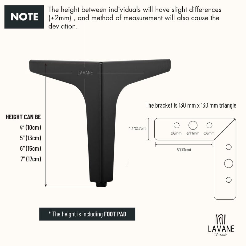 La Vane 6 Inch Metal Furniture Legs, Set of 4 - Modern Diamond Triangle Black DIY Replacement Feet Corner Legs for Cabinet, Sofa, Sideboard, Couch, Dresser Makeover - Image 5